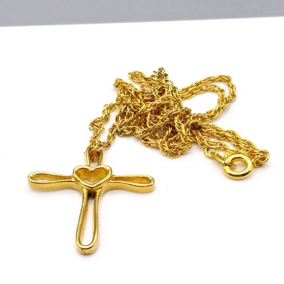 Vintage Open Heart Cross Pendant Necklace, Gold Tone with Sleek Design on Chain - Picture 5 of 5